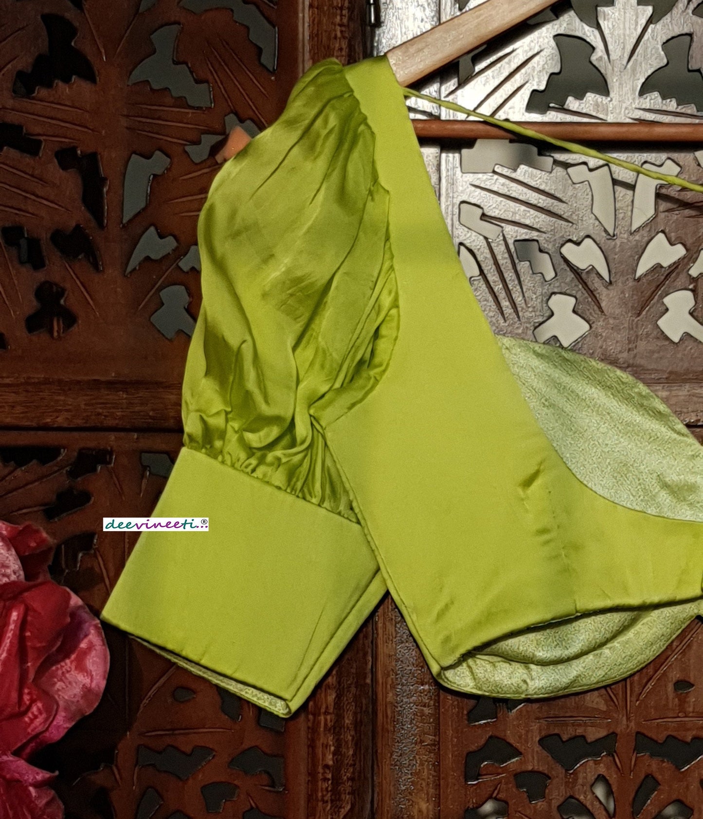 Lime Green Satin Organza Puff Sleeves Blouse DVBL_266