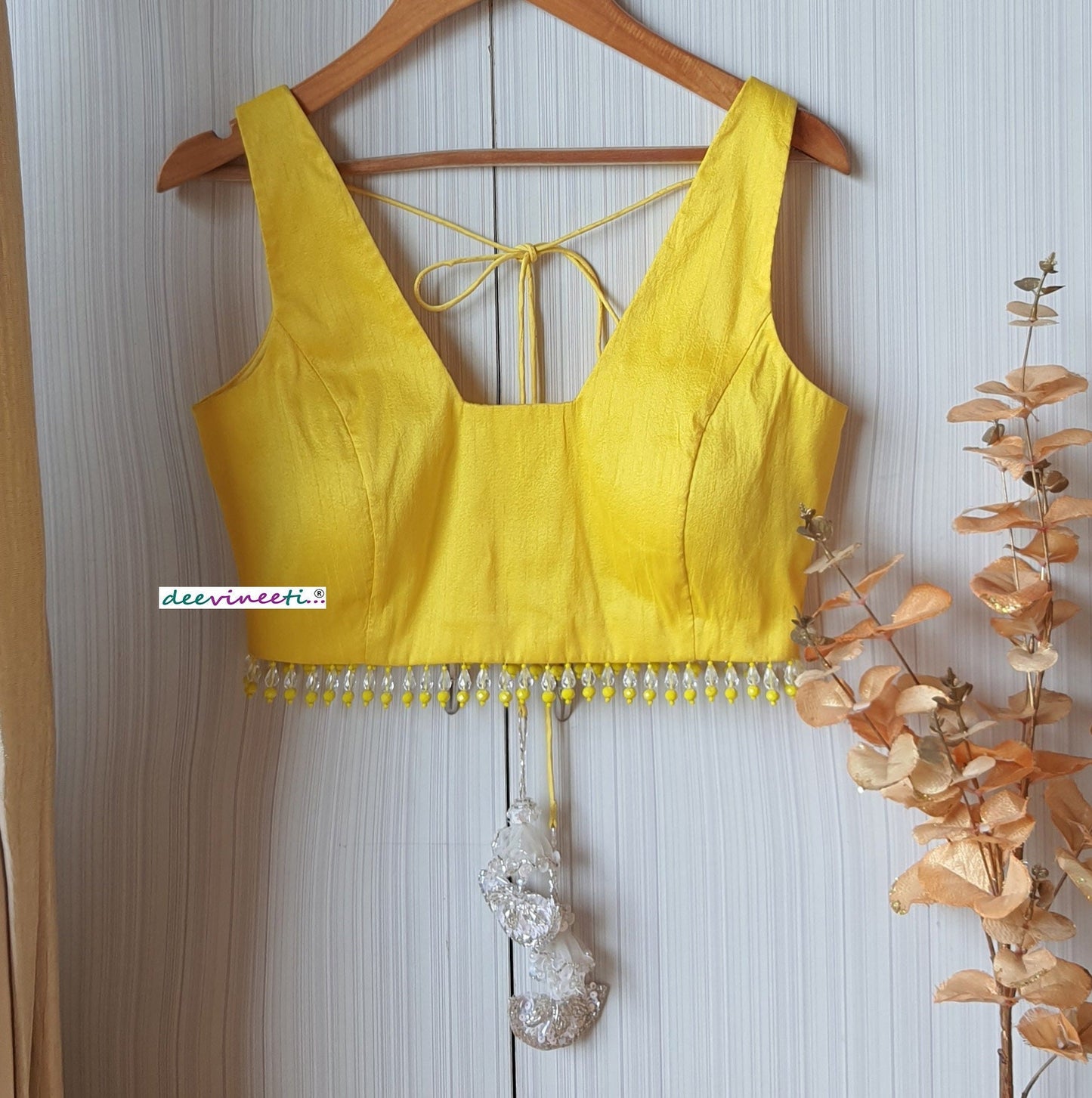 Designer Yellow Raw Silk Trapeze Neck Blouse with Beads Fringes DVBL_207