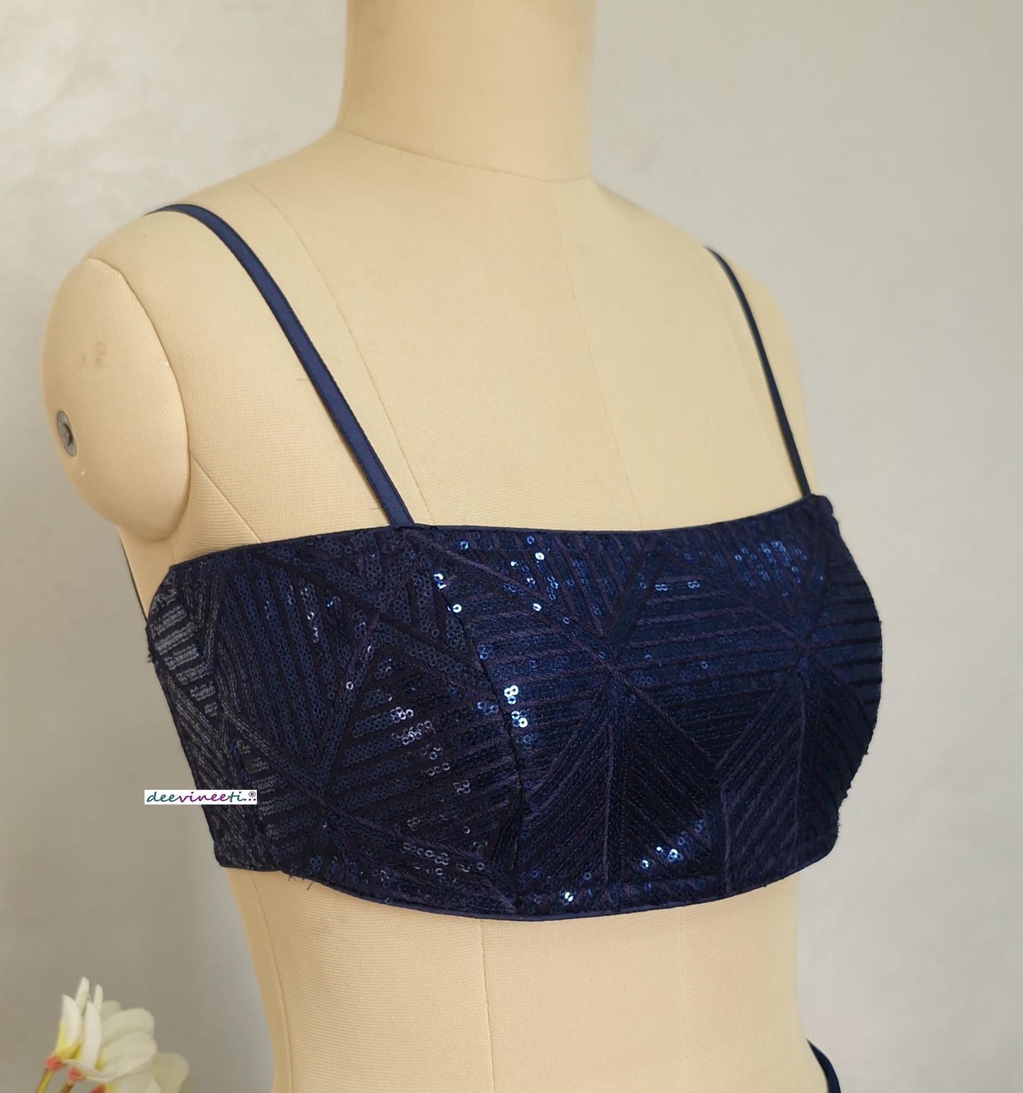 Deep Blue Sequins Embroidered Spaghetti Blouse DVBL_405