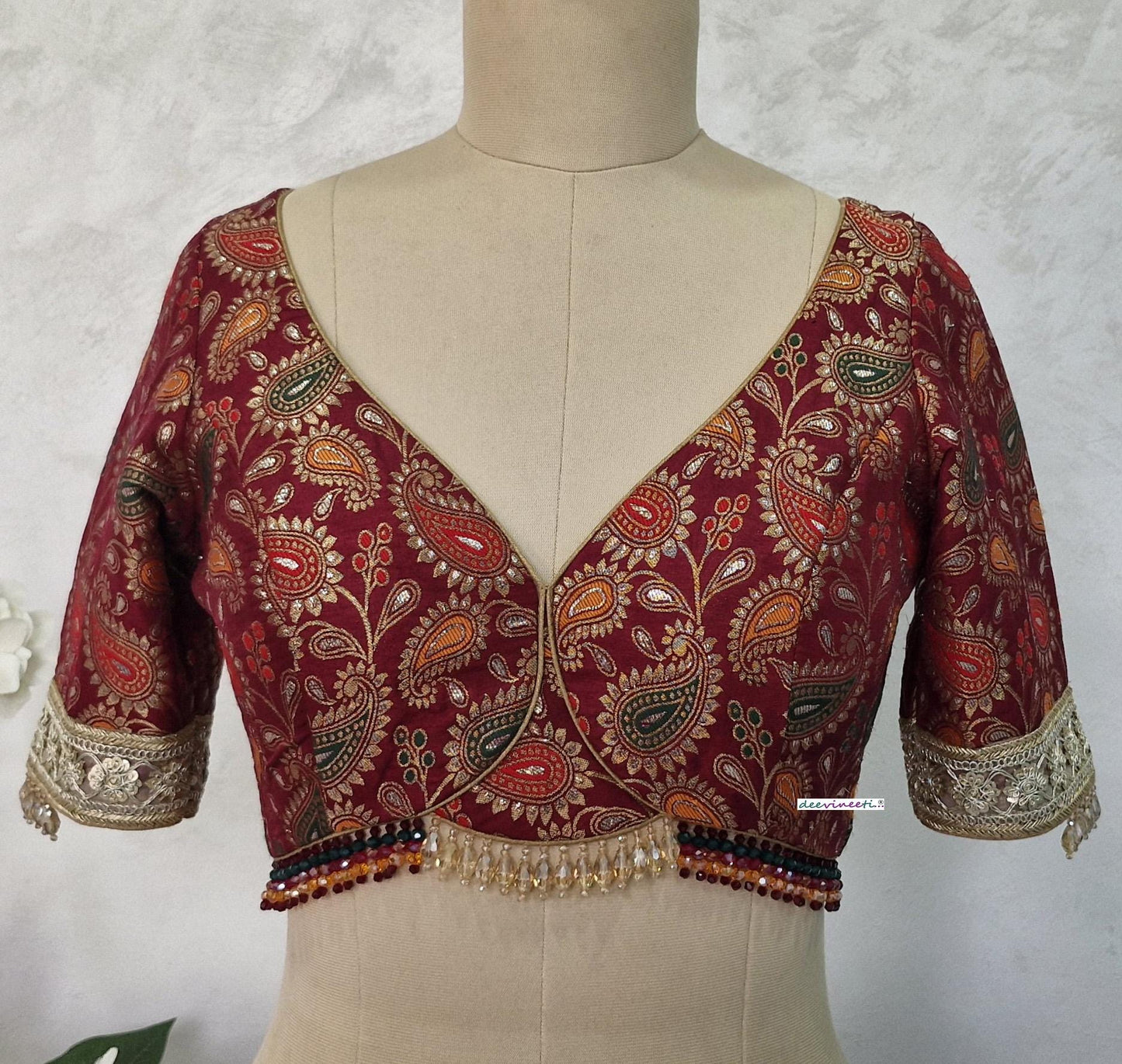 Maroon Brocade Deep Sweetheart Neck Half Sleeves Blouse DVBL_403