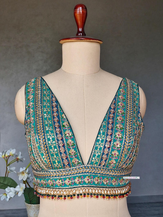 Green Embroidered Plunge Neckline Blouse DVBL_402