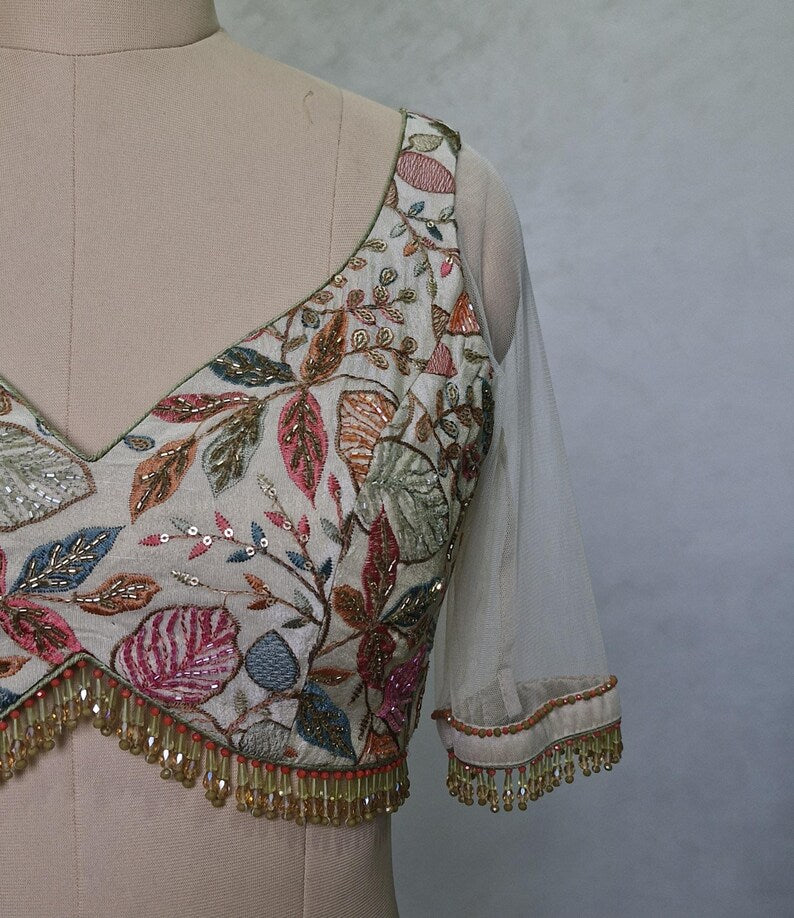 Hand Embroidered Cream Tissue Silk Blouse DVBL_422