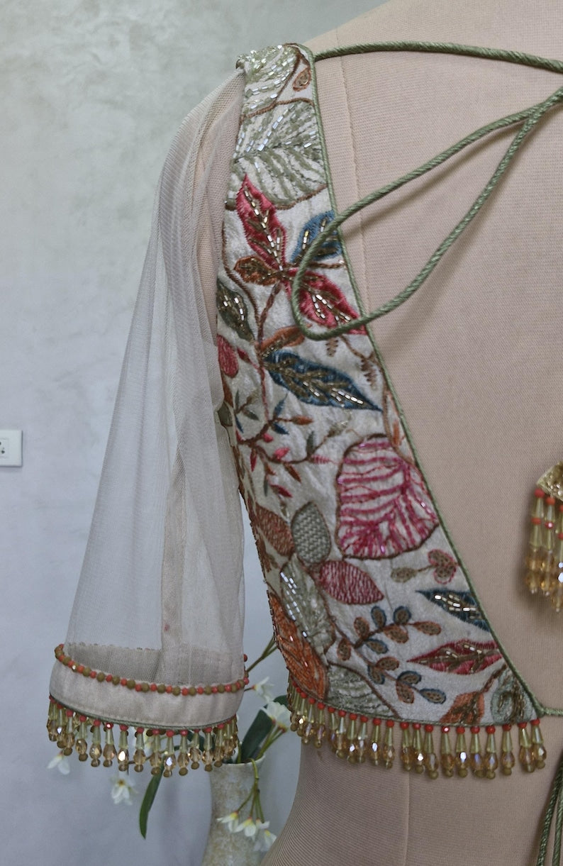 Hand Embroidered Cream Tissue Silk Blouse DVBL_422