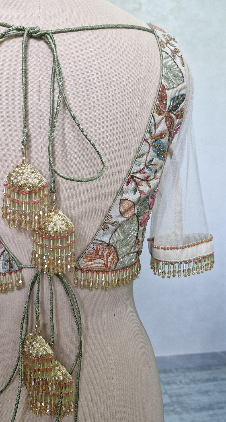 Hand Embroidered Cream Tissue Silk Blouse DVBL_422