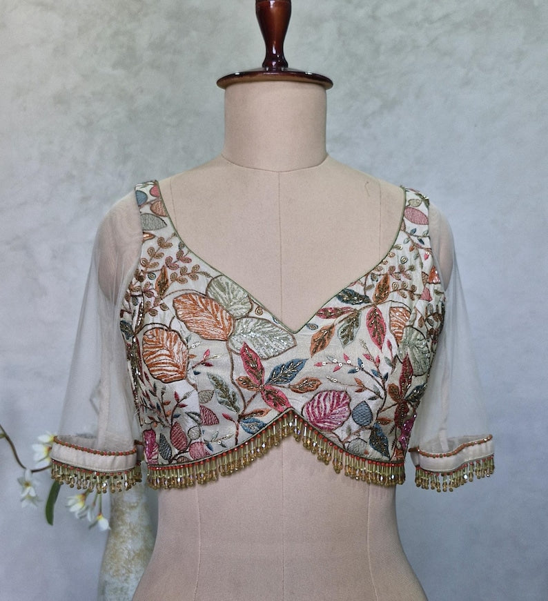 Hand Embroidered Cream Tissue Silk Blouse DVBL_422