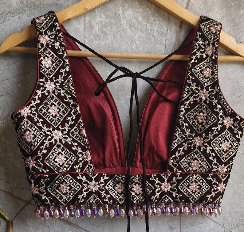 Maroon Embroidered Velvet Plunge Neckline Blouse DVBL_424