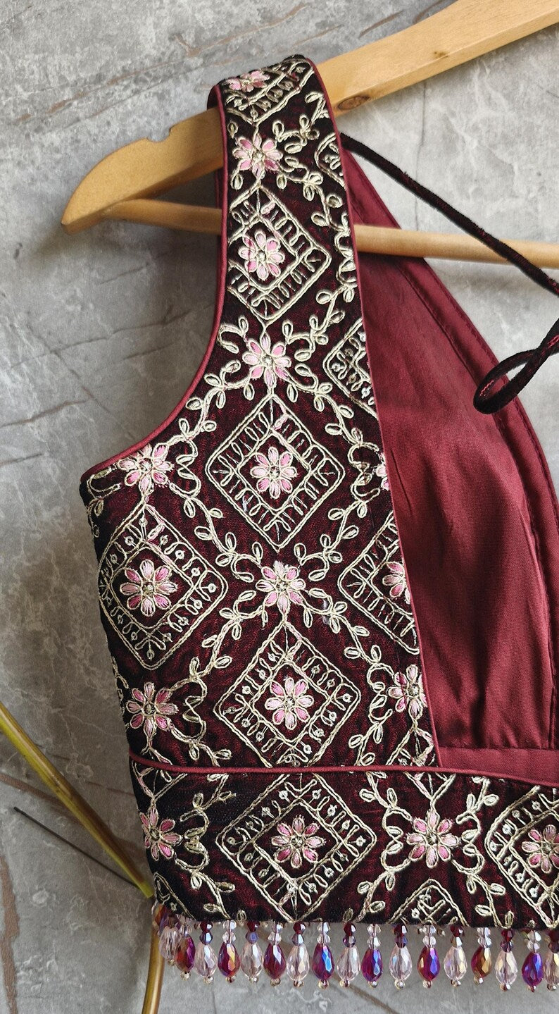 Maroon Embroidered Velvet Plunge Neckline Blouse DVBL_424
