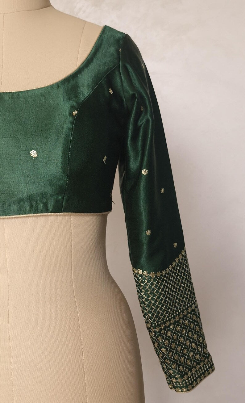 Green Embroidered Gajji Silk Scoop Neck Blouse DVBL_425