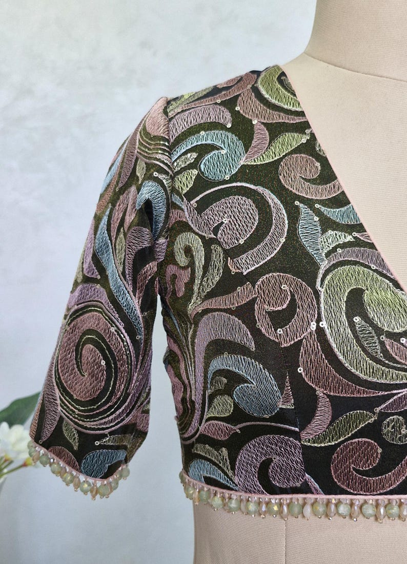 Deep Olive Green Embroidered Tissue Silk Blouse DVBL_428