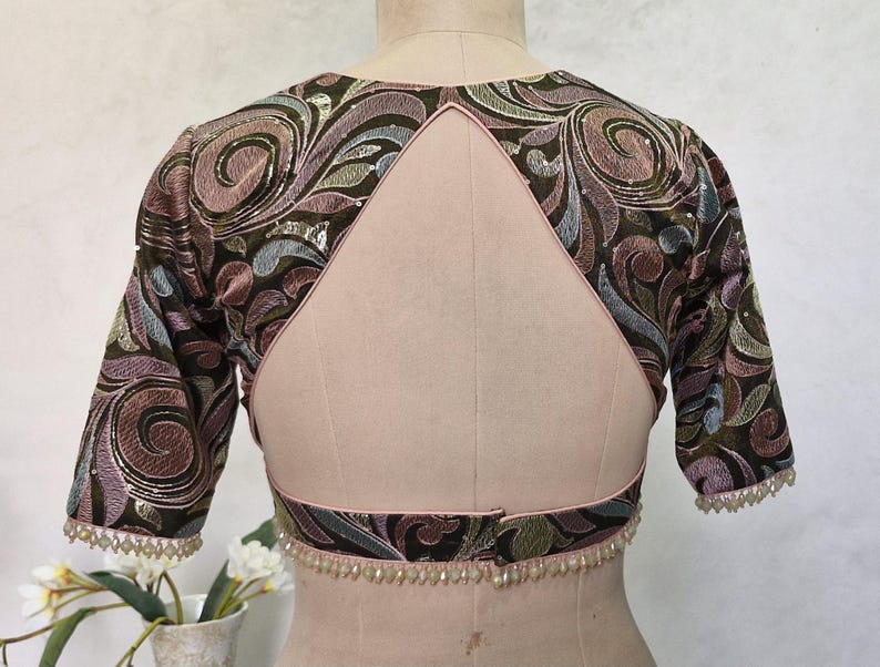 Deep Olive Green Embroidered Tissue Silk Blouse DVBL_428
