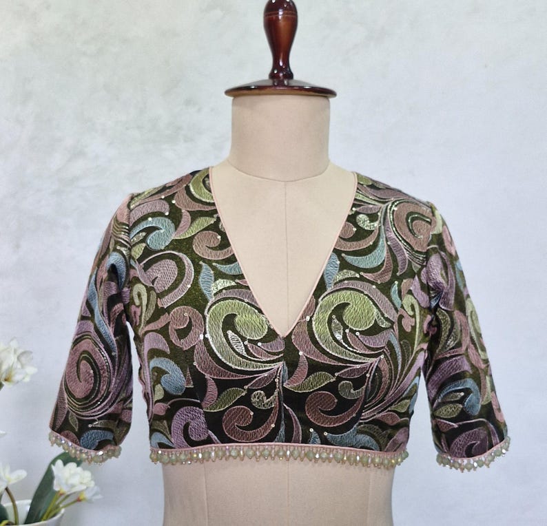 Deep Olive Green Embroidered Tissue Silk Blouse DVBL_428