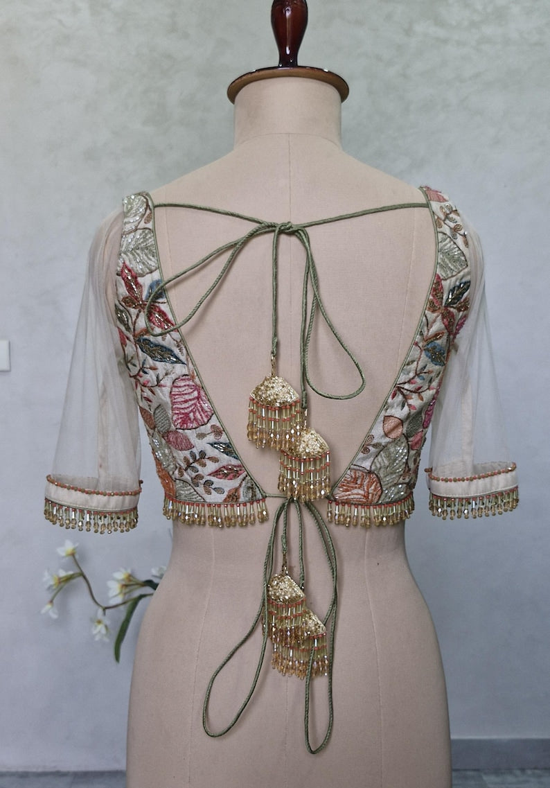 Hand Embroidered Cream Tissue Silk Blouse DVBL_422