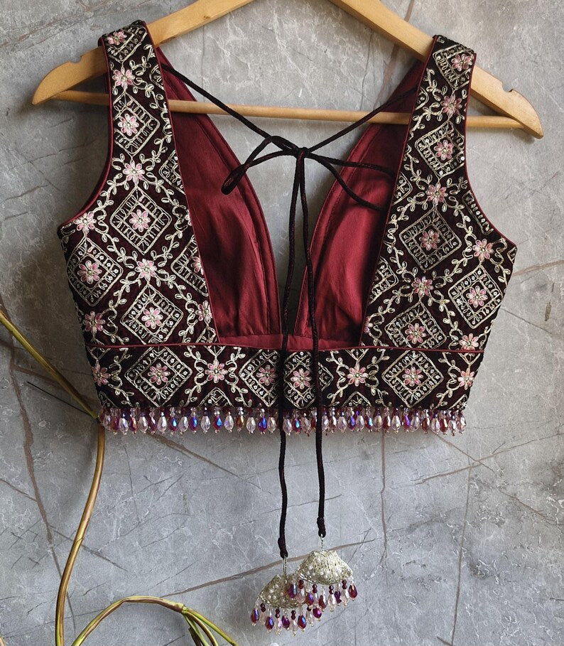 Maroon Embroidered Velvet Plunge Neckline Blouse DVBL_424