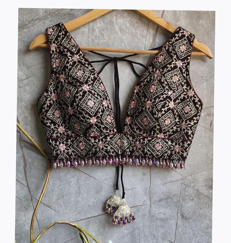 Maroon Embroidered Velvet Plunge Neckline Blouse DVBL_424