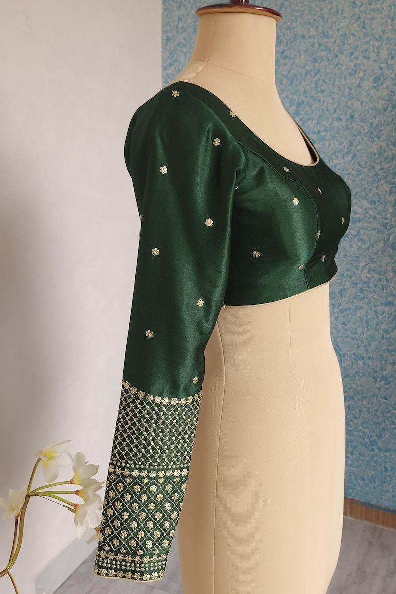 Green Embroidered Gajji Silk Scoop Neck Blouse DVBL_425