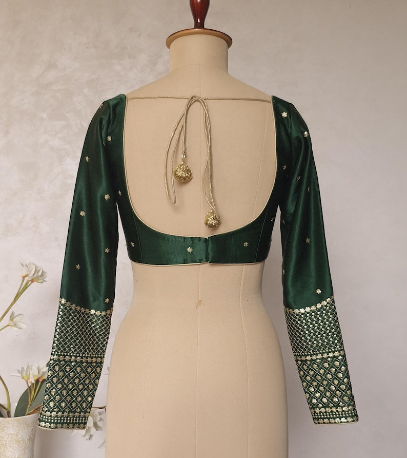 Green Embroidered Gajji Silk Scoop Neck Blouse DVBL_425