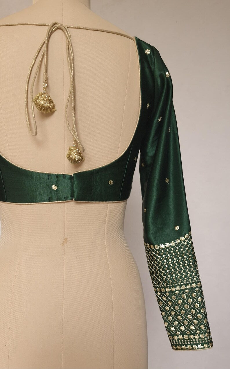Green Embroidered Gajji Silk Scoop Neck Blouse DVBL_425
