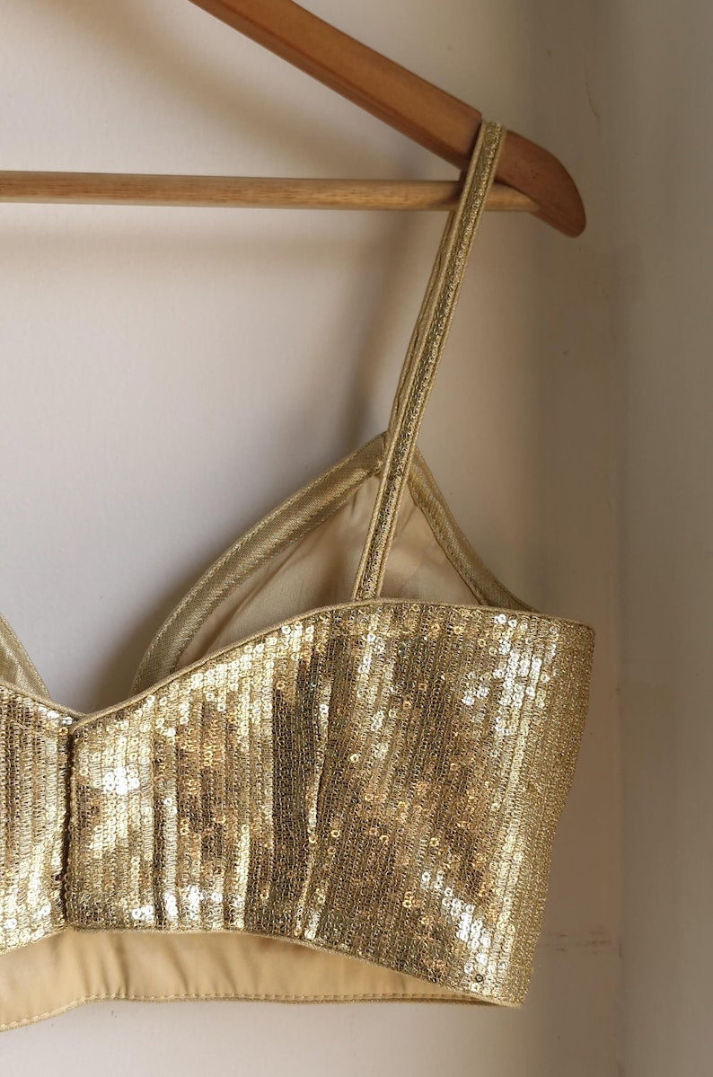 Gold Sequins Embroidered Spaghetti Blouse DVBL_421