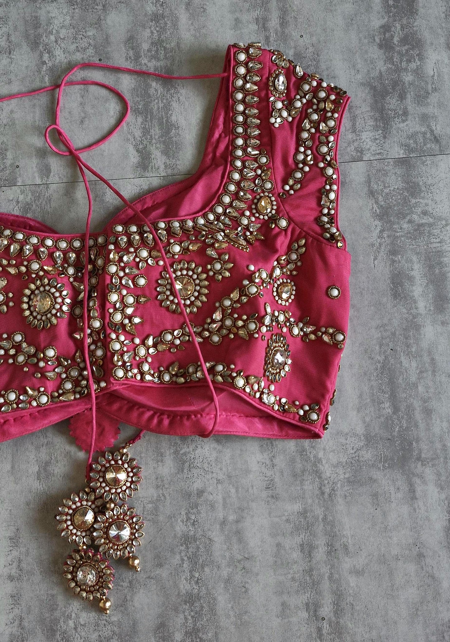 Hand Embroidered Saree Blouse, Pink Sweetheart Neck Cap Sleeves Bridal DVBL_478