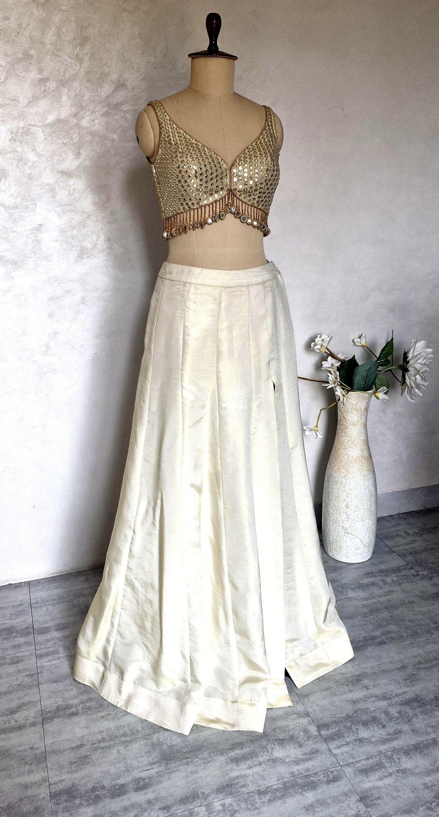 Champagne Gold Lehenga, Slit Skirt Set, Contemporary Tissue Silk Co-ord Set DVMTD_0287