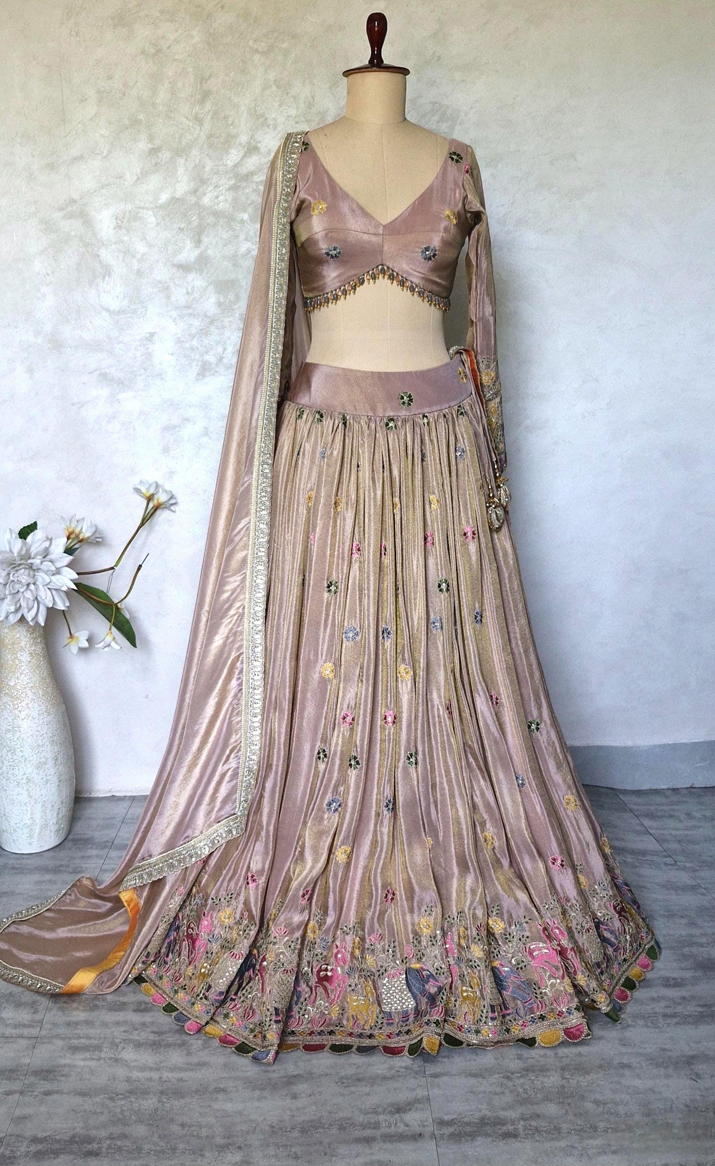 Dusty Pink Tissue Silk Lehenga Choli for Mehendi, Sangeet DVMTD_0290
