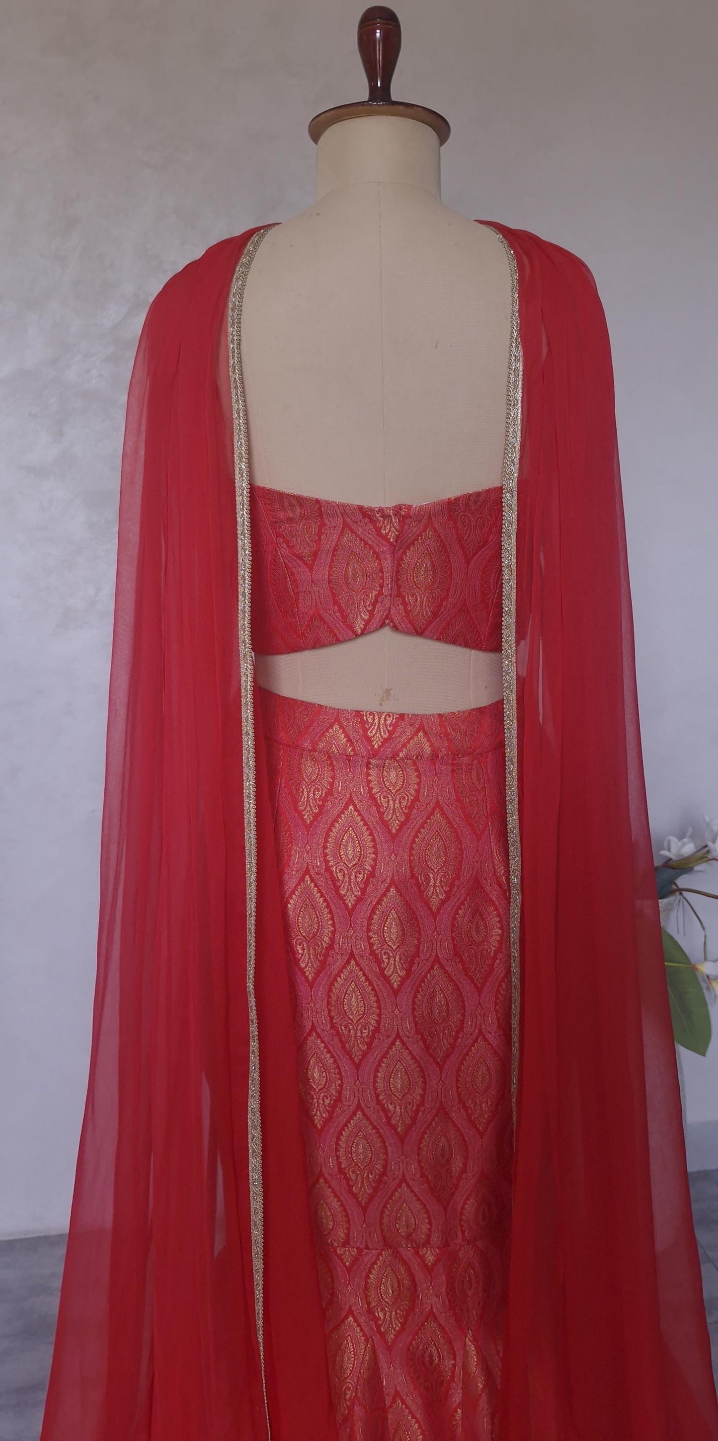 Red Pink Brocade Lehenga, Mermaid Skirt Corset Set, Cocktail Dress DVMTD_0288
