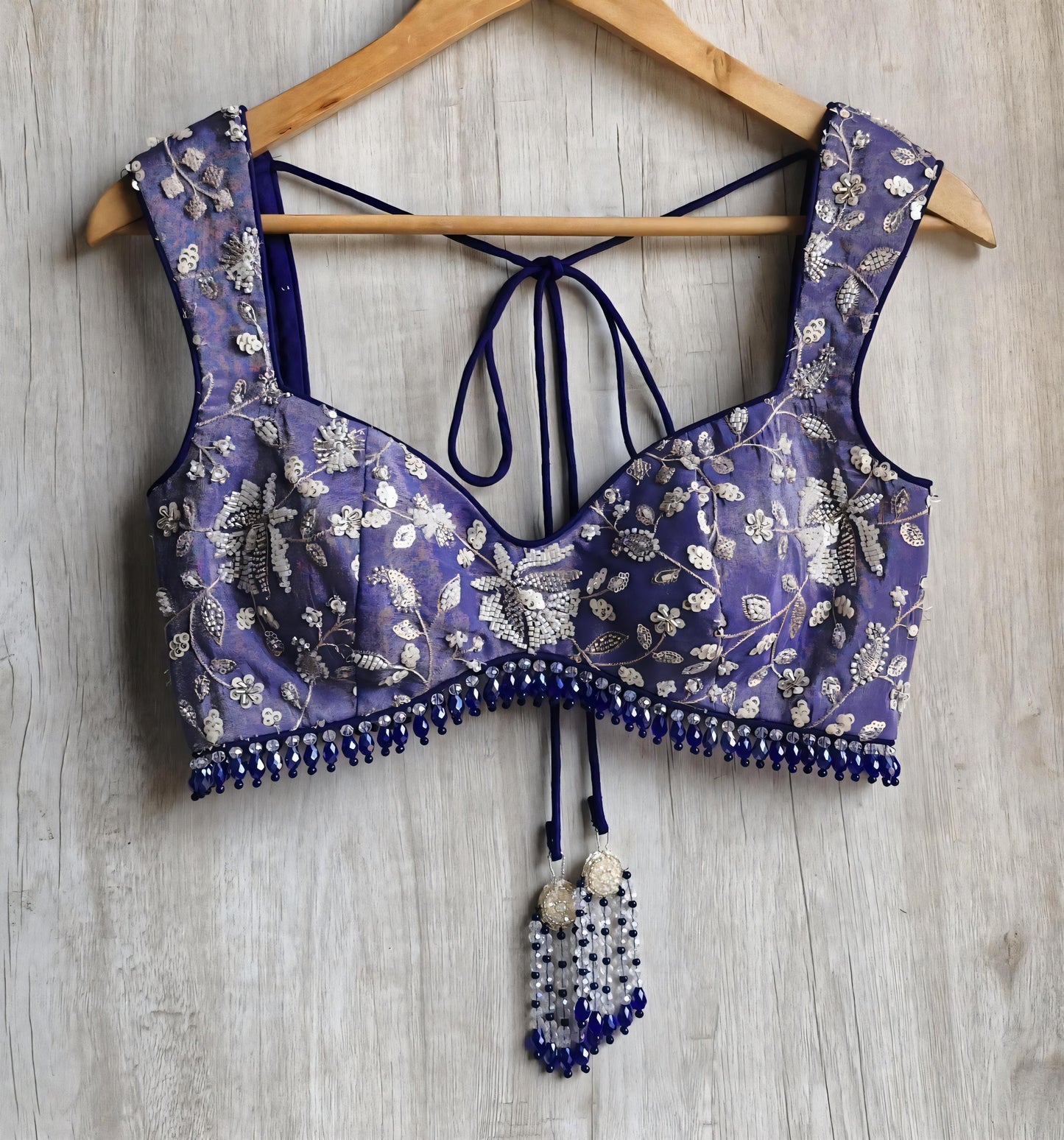 Blue Embroidered Tissue Silk Saree Blouse. Deep Sweetheart Neck Bralette DVBL_489