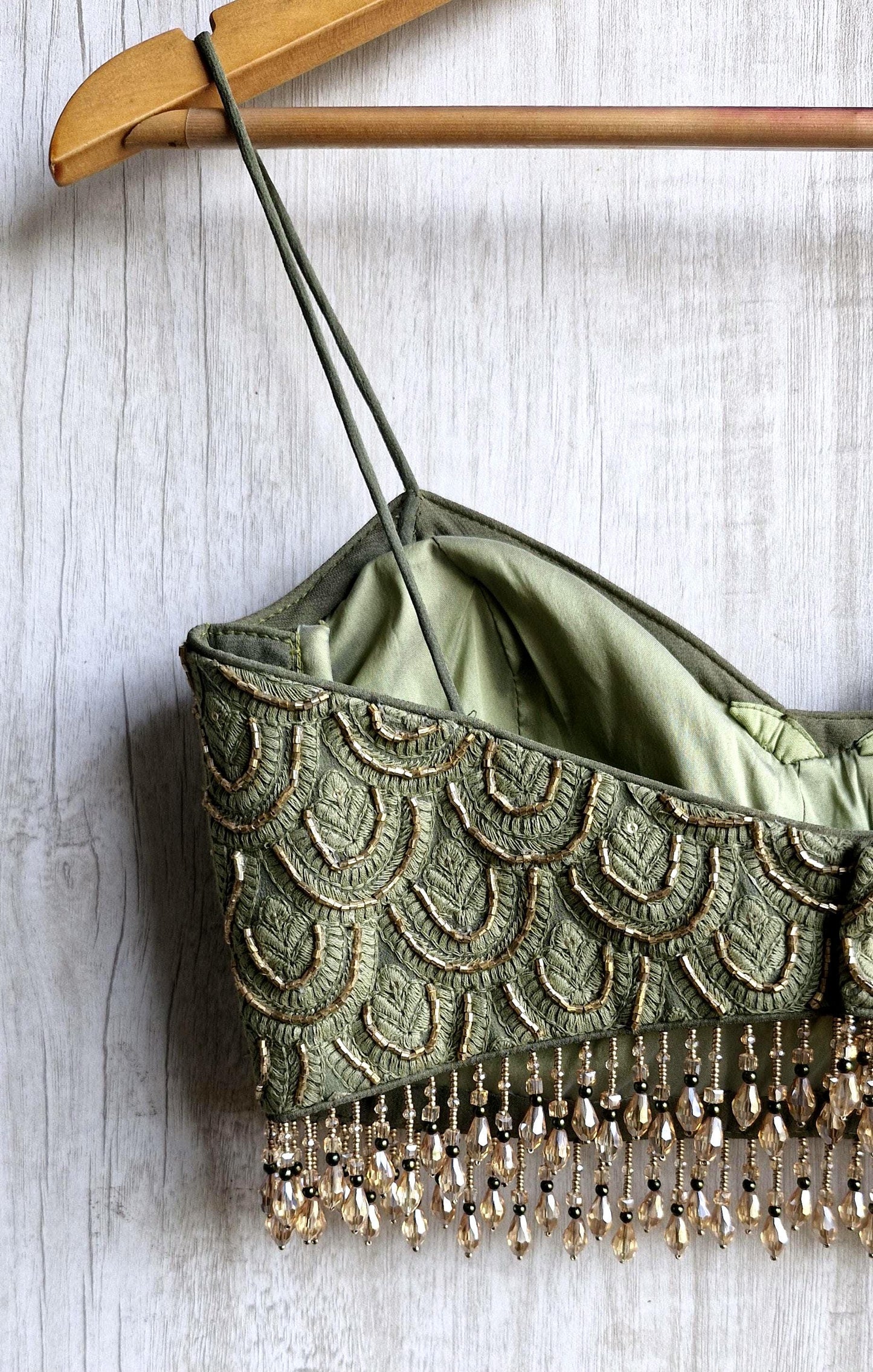 Hand Embroidered Olive Green Saree Blouse, Beaded Fringes, Spaghetti DVBL_483