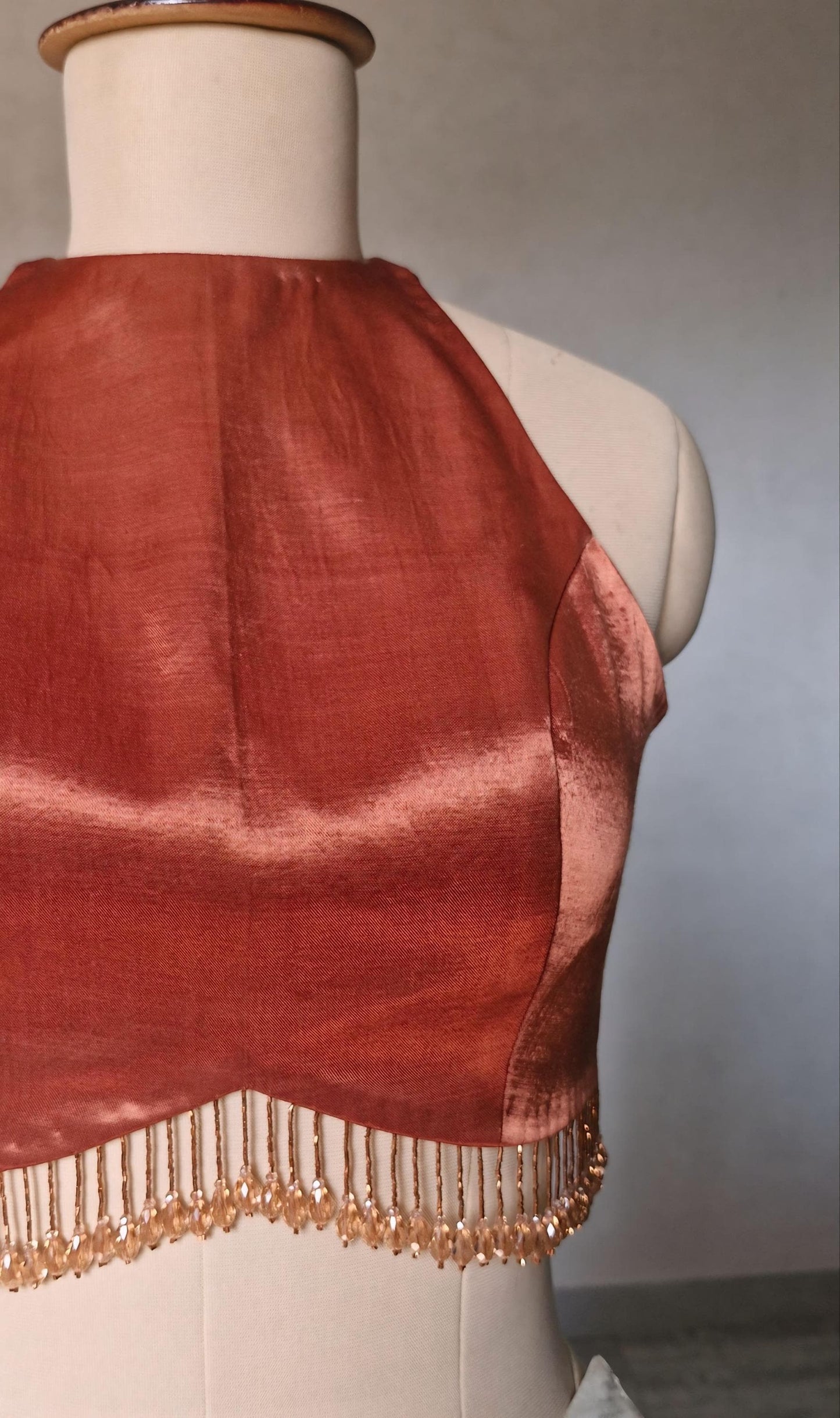 Dark Rust Gajji Silk Saree Blouse, Jewel Neck, Backless DVBL_491
