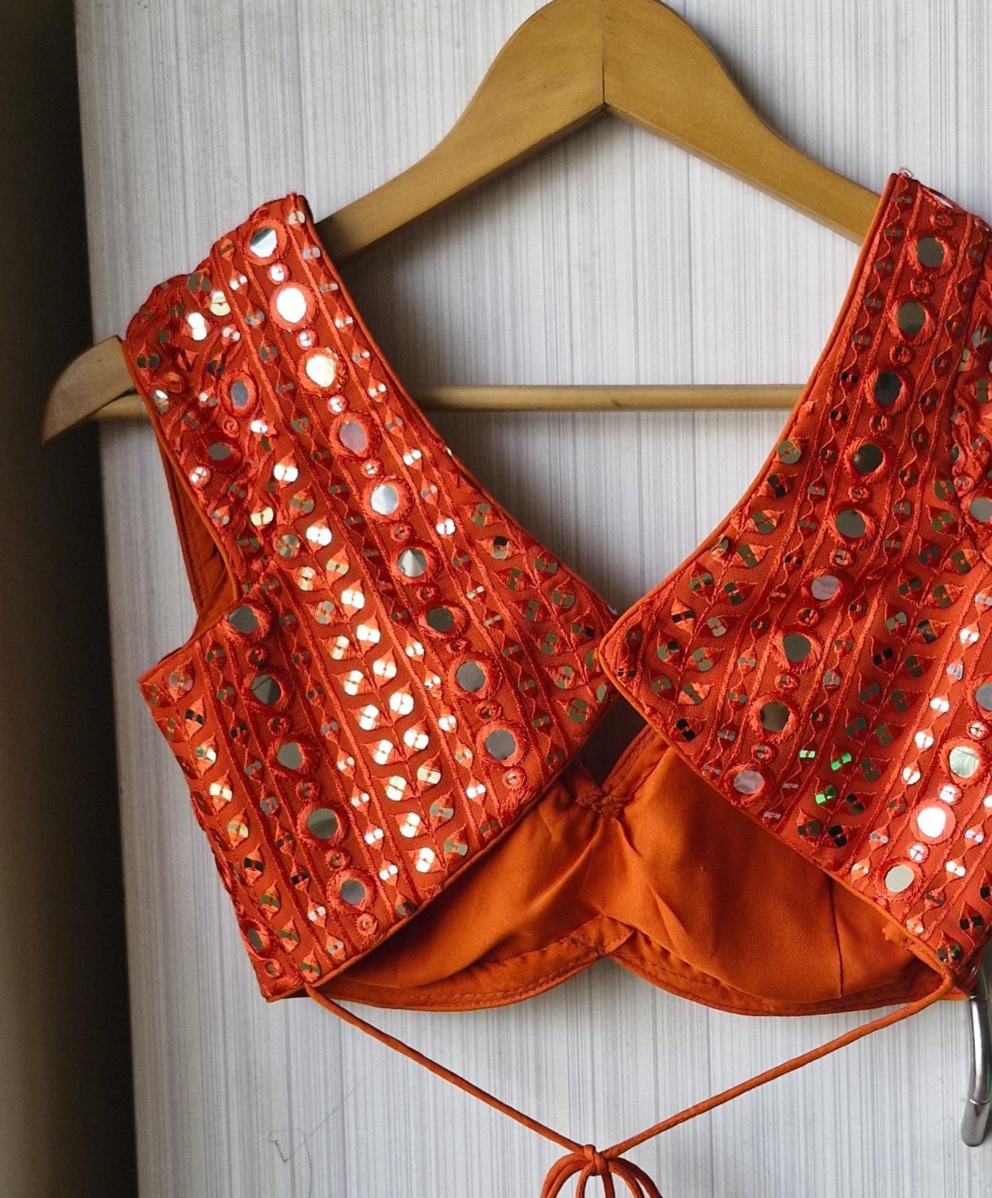 Burnt Orange Embroidered Georgette Saree Blouse, Cap Sleeves Sweetheart Neck DVBL_485