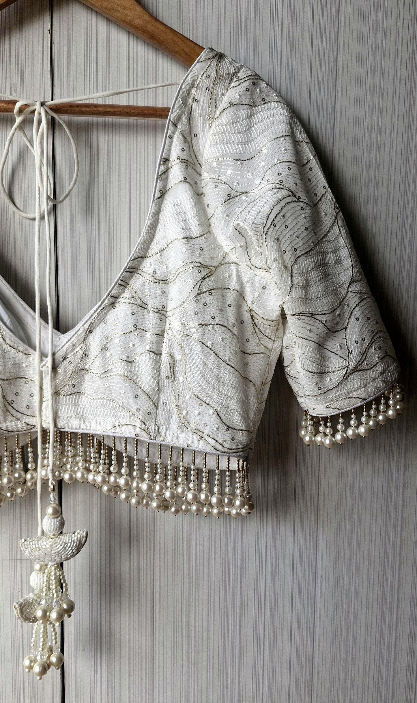 Ivory Embroidered Georgette Saree Blouse, Pearls Fringes, Elbow Sleeves DVBL_498