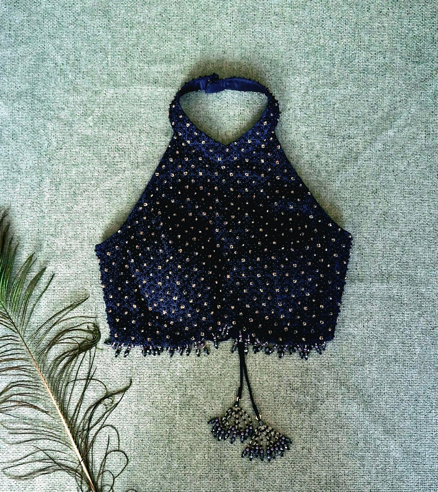 Navy Blue Hand Embroidered Georgette Saree Blouse, Beads Embellished, Halter Neck DVBL_501