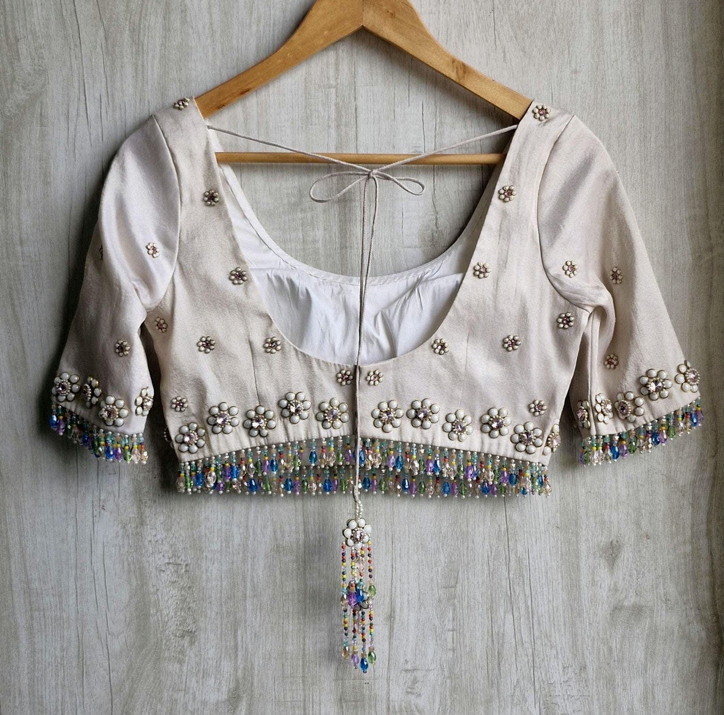Hand Embroidered Ivory Bejeweled Blouse, Kundan and Beads Embellished, Elbow Sleeves DVBL_503