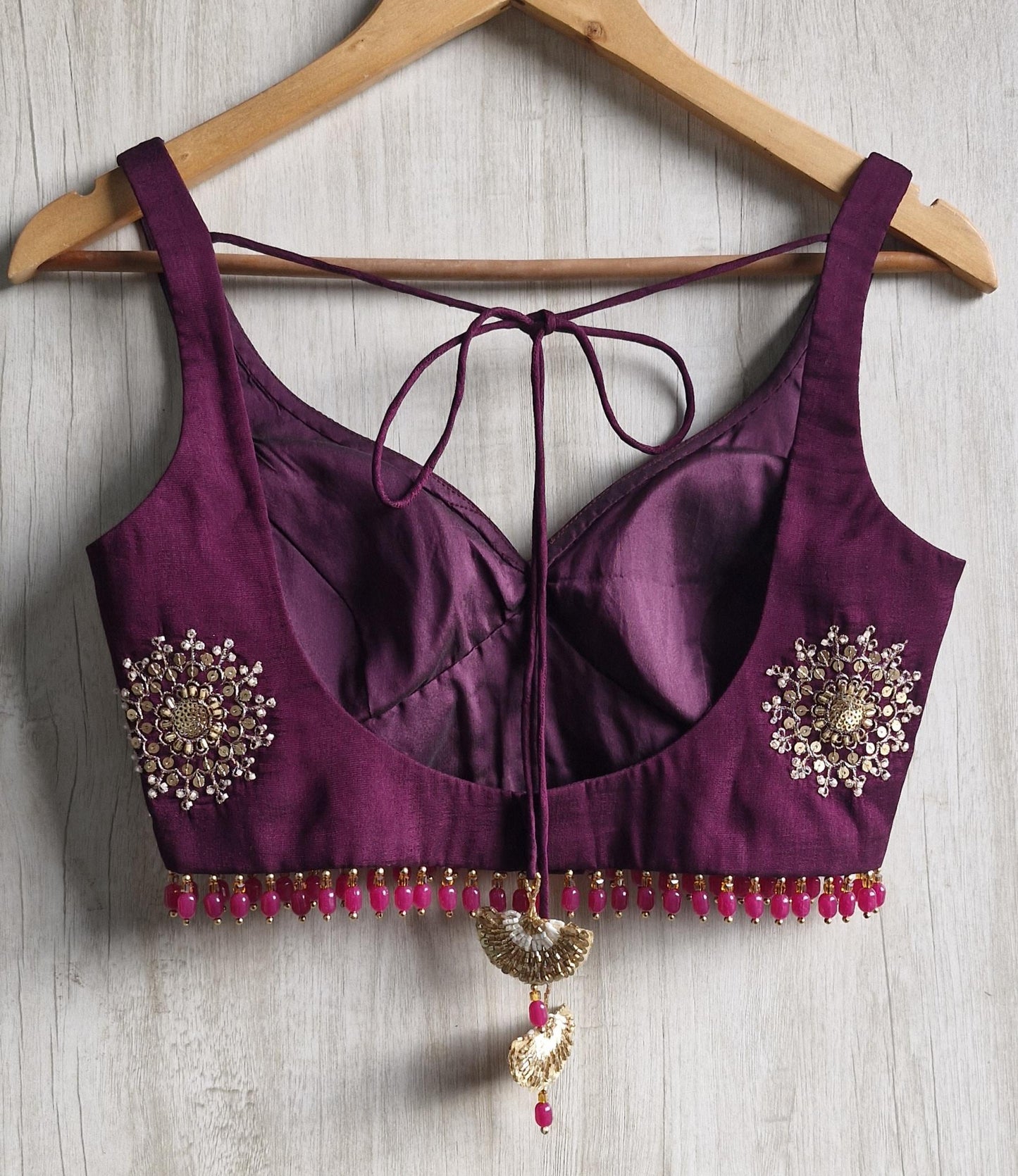 Wine Embroidered Silk Blouse -Sweetheart Neck Sleeveless DVBL_515