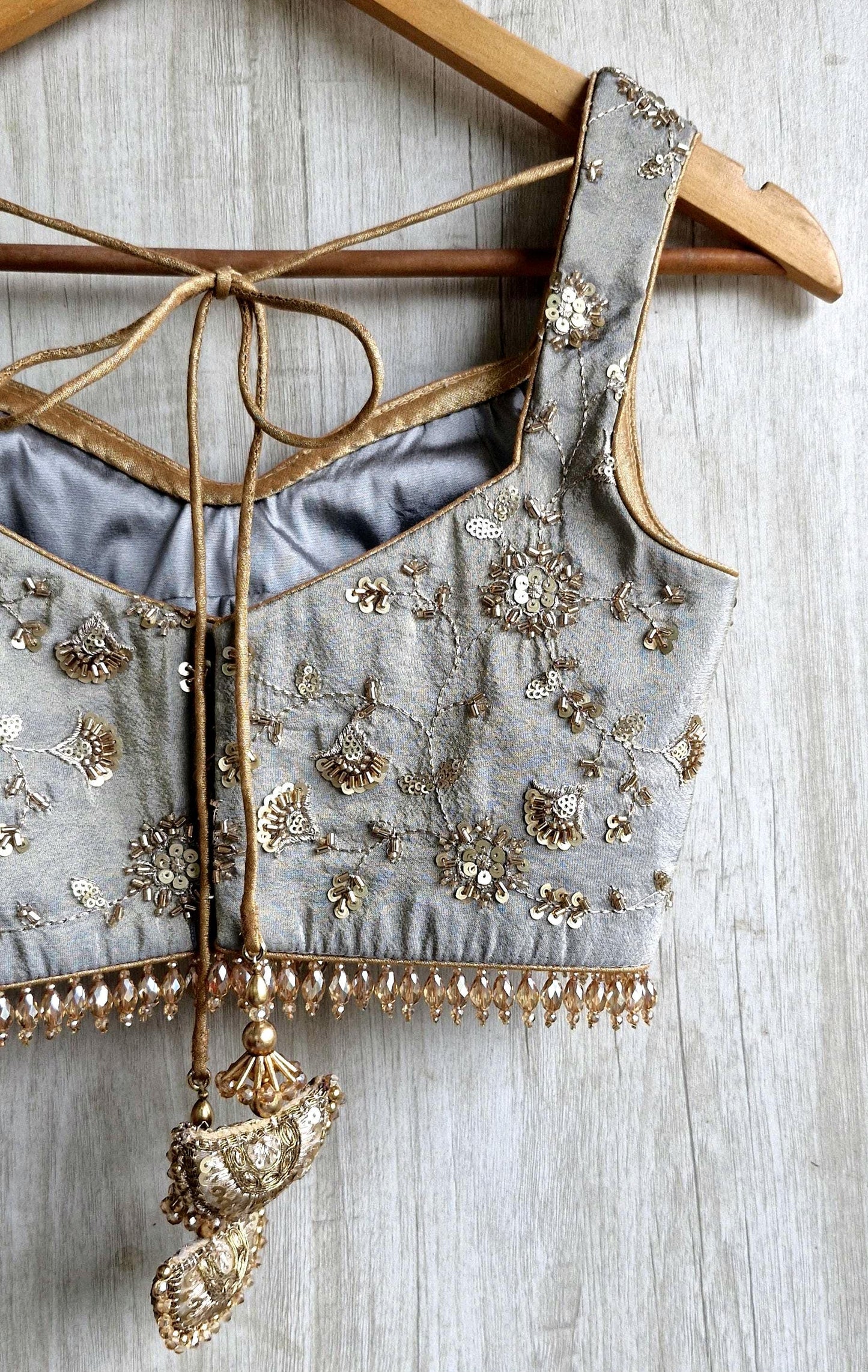 Grey Embroidered Tissue Silk Blouse Sweetheart Neck DVBL_517