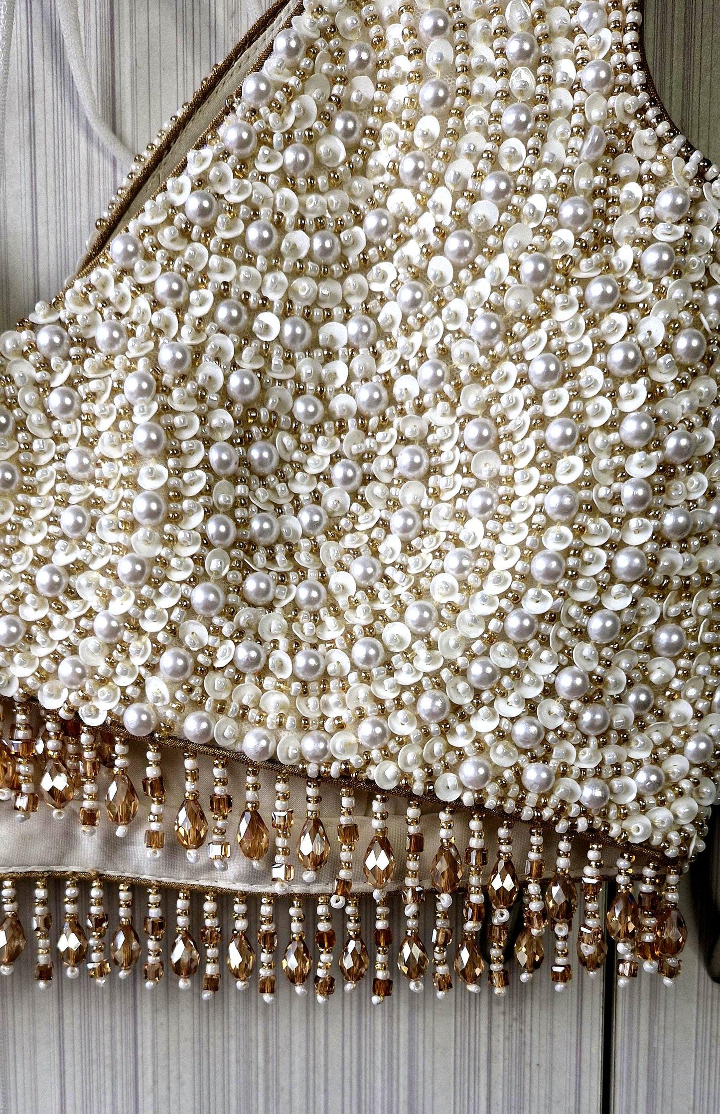 Hand Embroidered Ivory Gold Saree Blouse, V Neck, Beads & Sequins DVBL_518