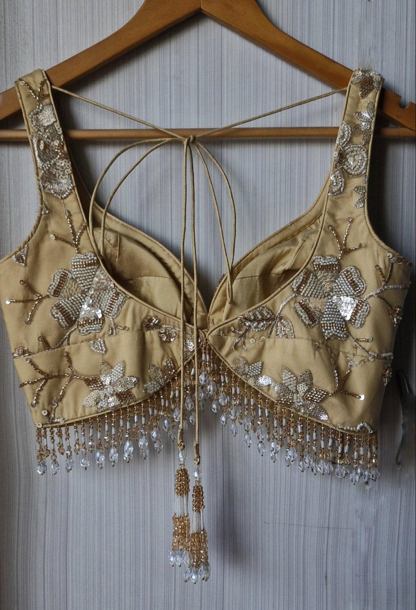 Golden Beige Saree Blouse, Embroidered Net Sweetheart Neck DVBL_476