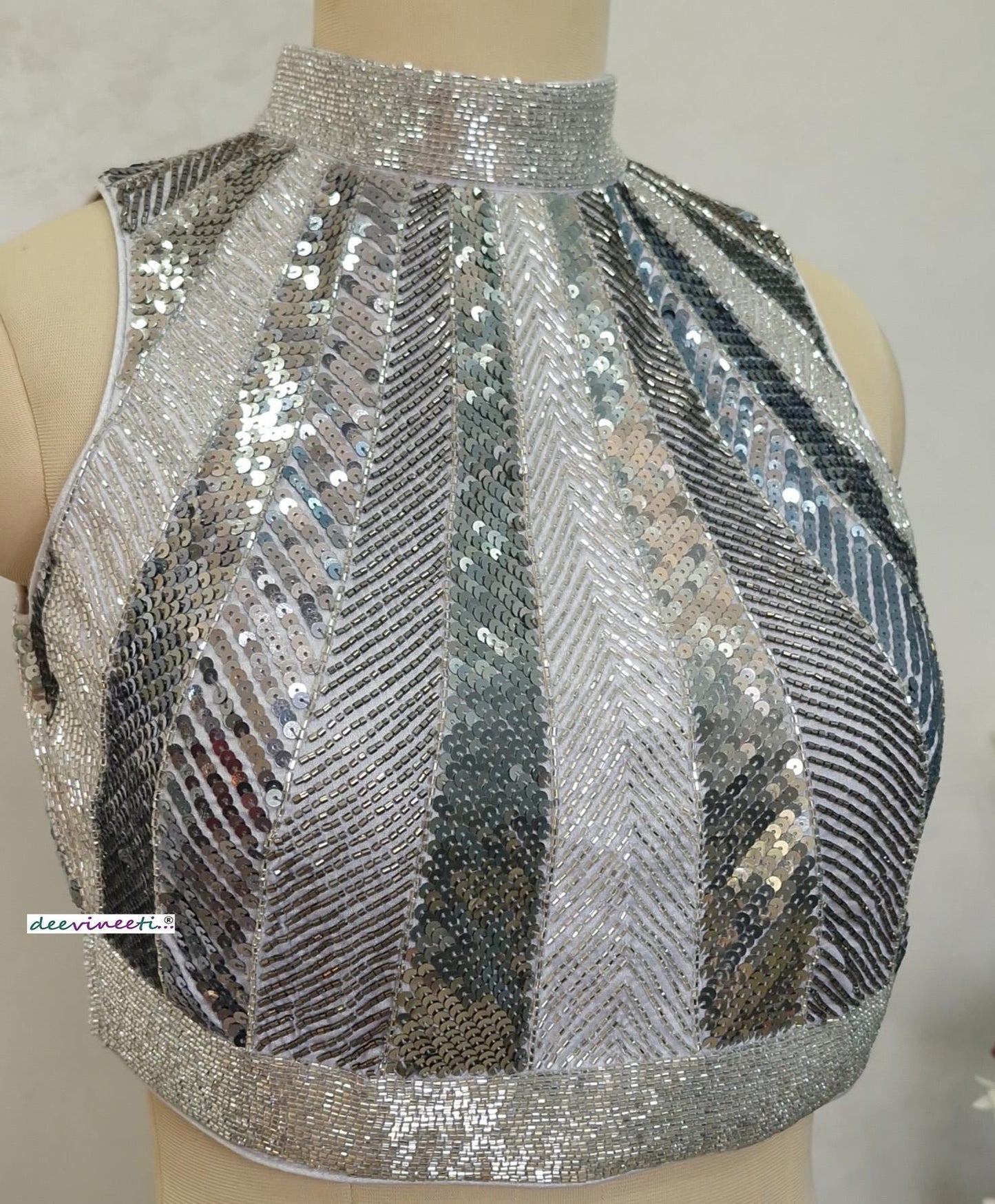 Hand Embroidered Grey Silver Blouse High Neck Sleeveless DVBL_398