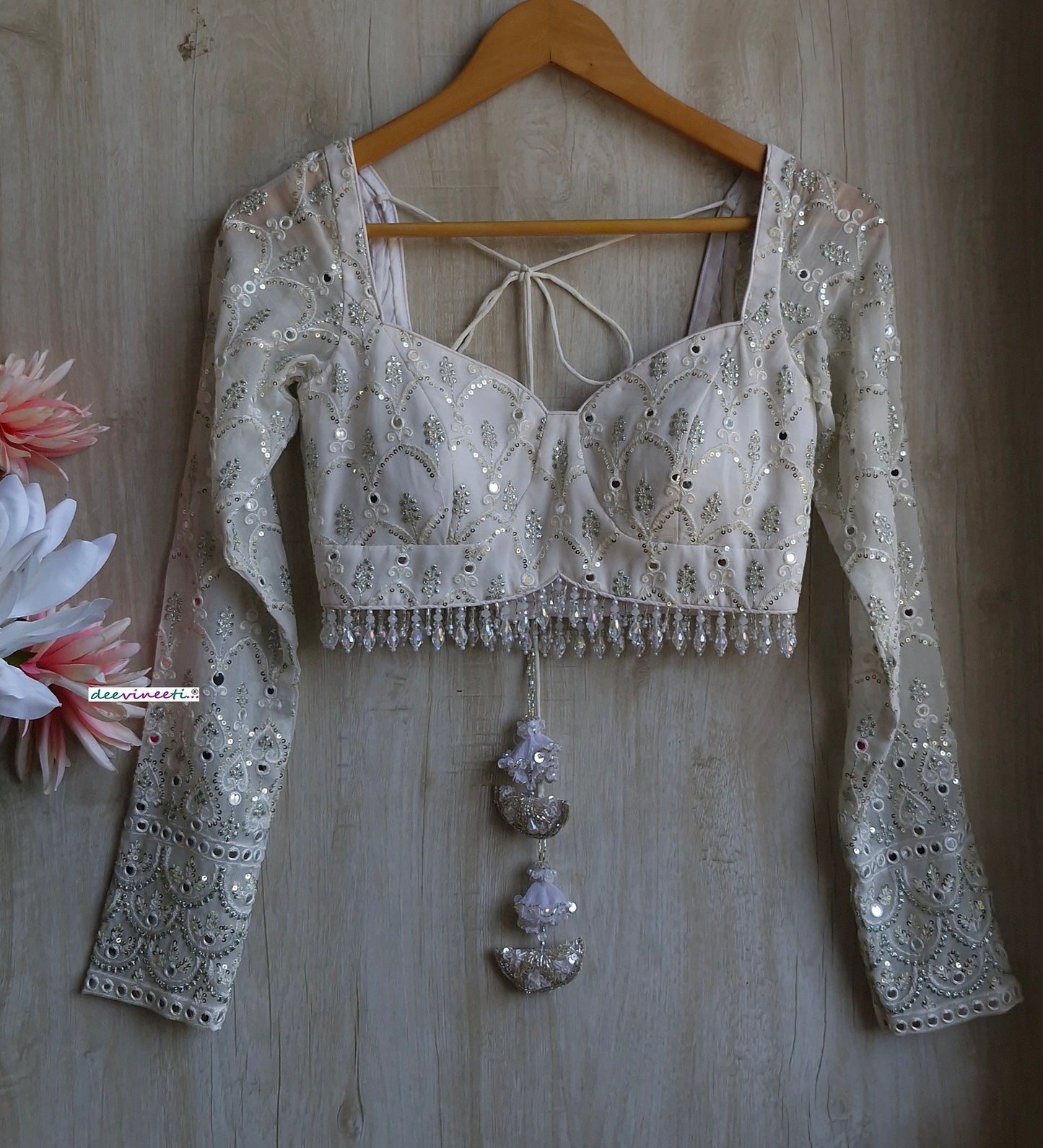 White and Silver Embroidered  Long Sleeves  Blouse DVBL_349