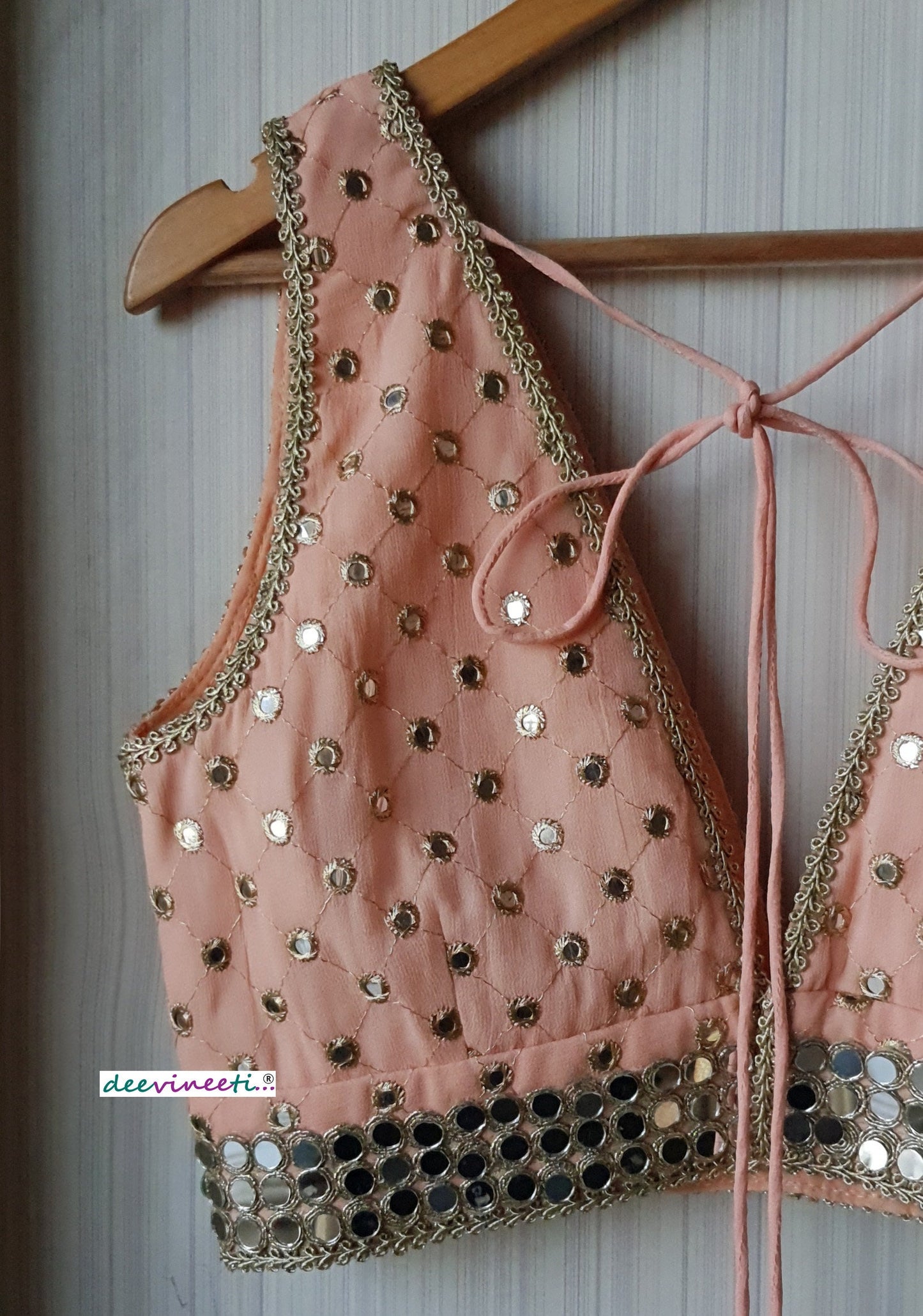Faux Mirror  Embroidered Peach Plunge Neckline Blouse  DVBL_162