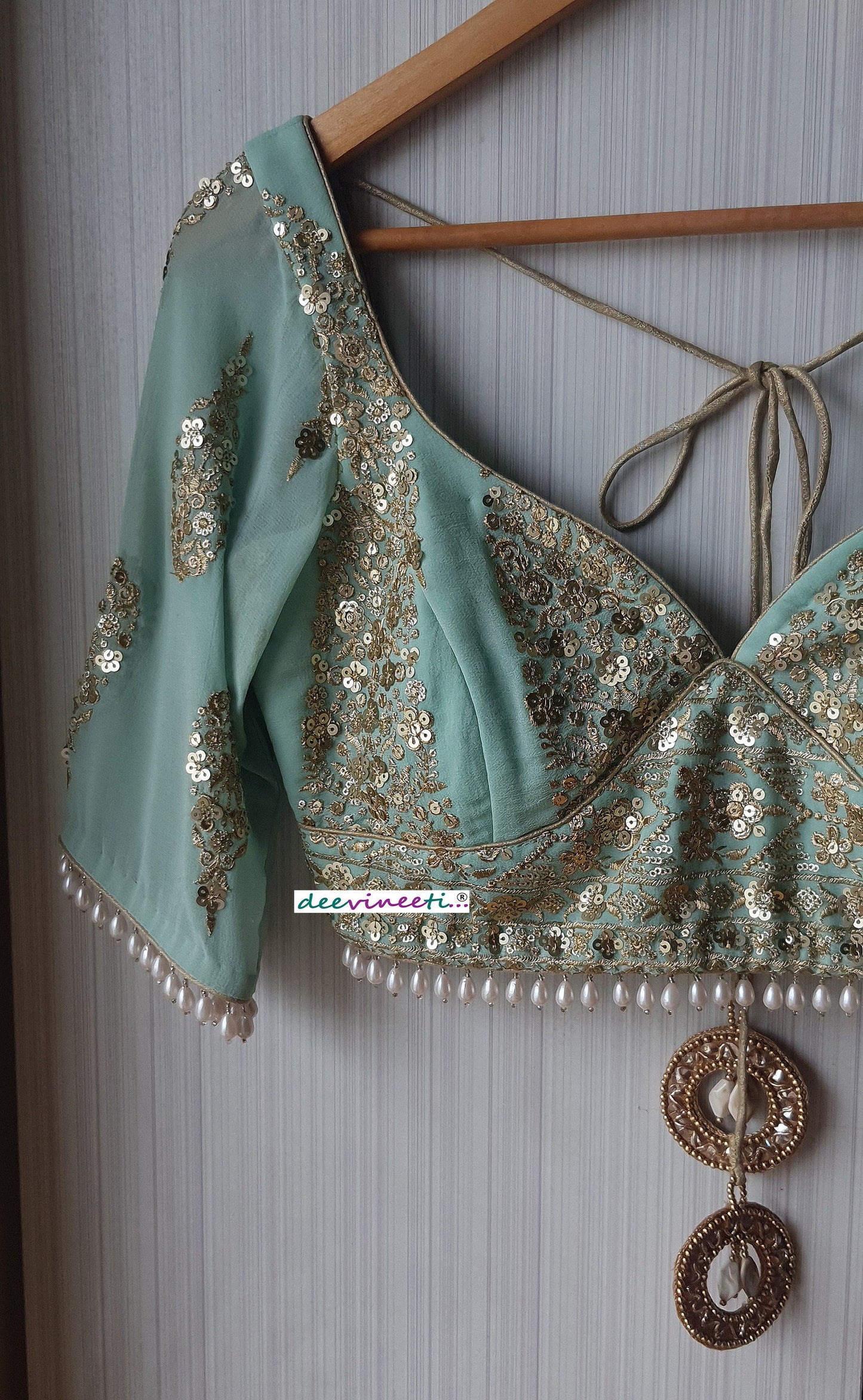 Sea Green Embroidered Sweetheart Neck Blouse DVBL_258
