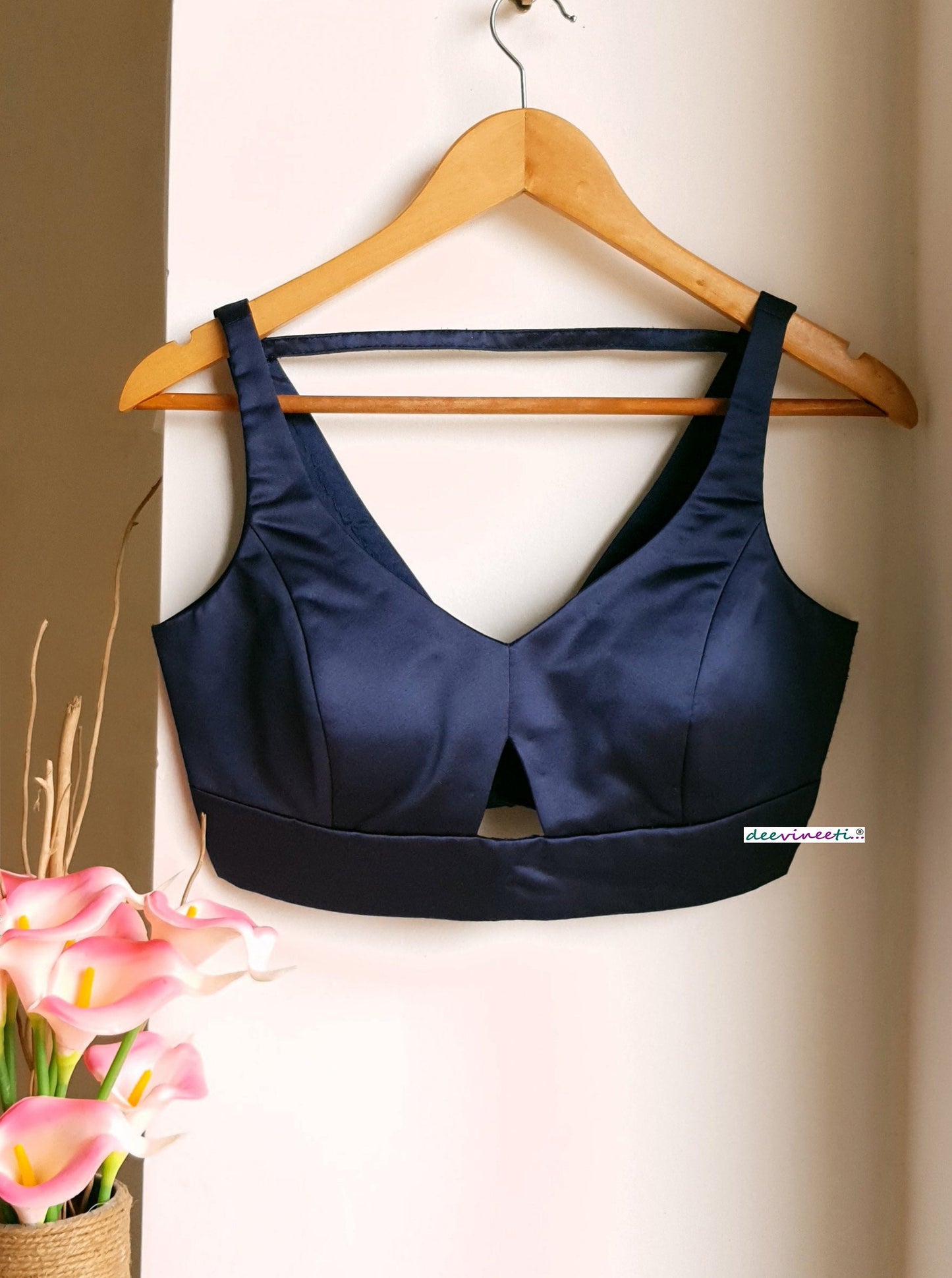Navy Blue Satin Blouse Deep V Neck Sleeveless DVBL_270