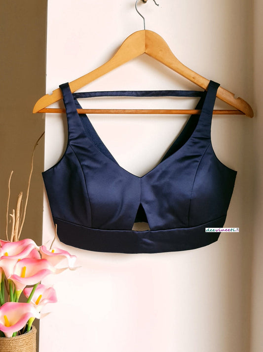 Navy Blue Satin Blouse Deep V Neck Sleeveless DVBL_270