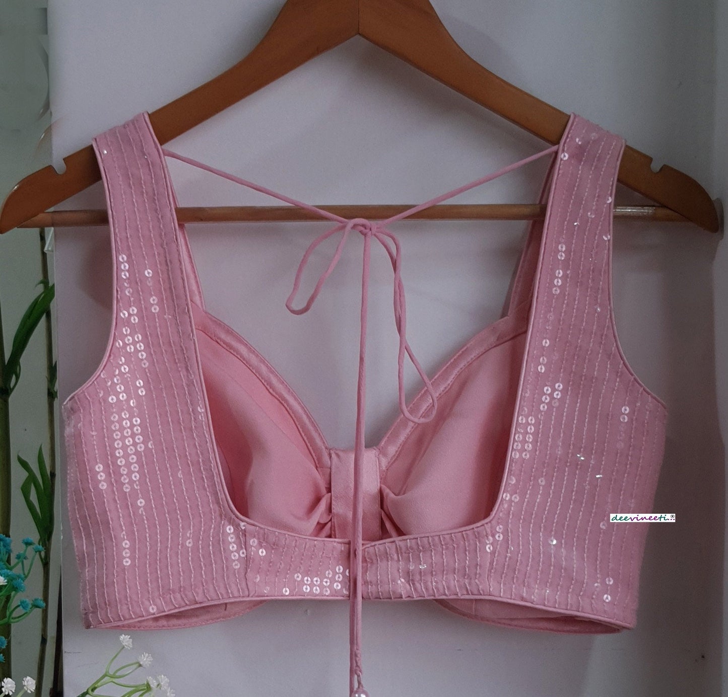 Sequins Embroidered  Pink  Sweetheart Neck Blouse DVBL_288