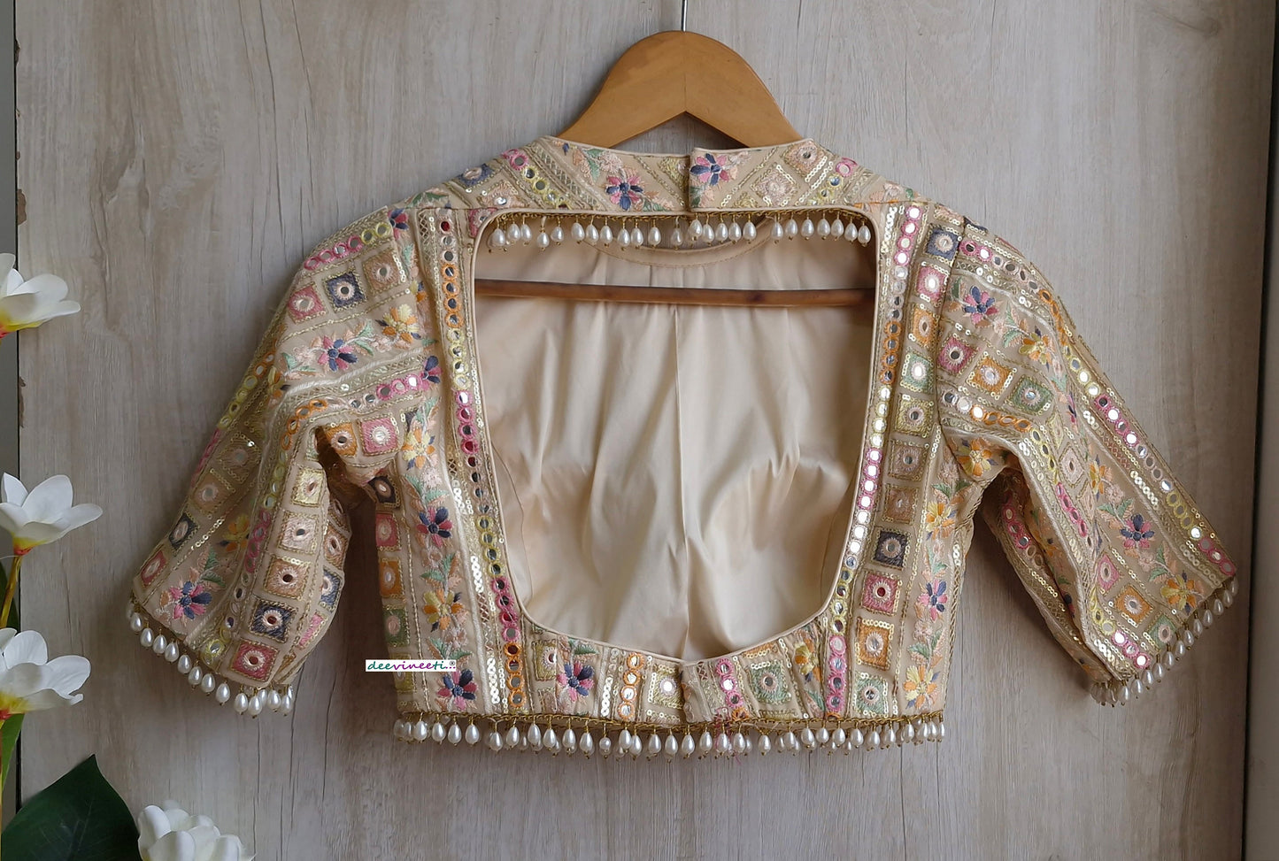 Beige Embroidered Georgette Jewel Neck Blouse DVBL_309