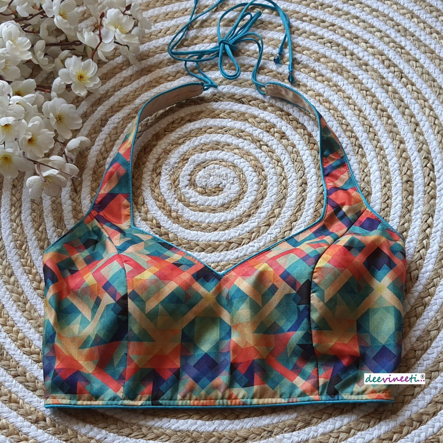 Multicolor Printed Khadi Silk Halter Neck Blouse DVBL_074