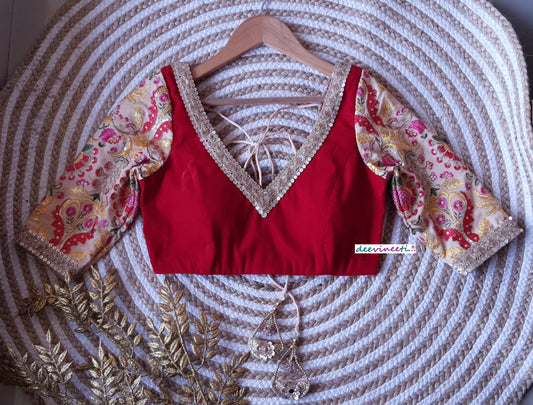 Red Velvet Embroidered Sleeves Blouse DVBL_156