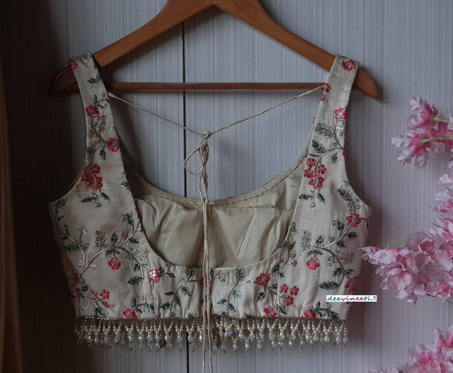 Cream Embroidered Silk U Neck  Blouse DVBL_191