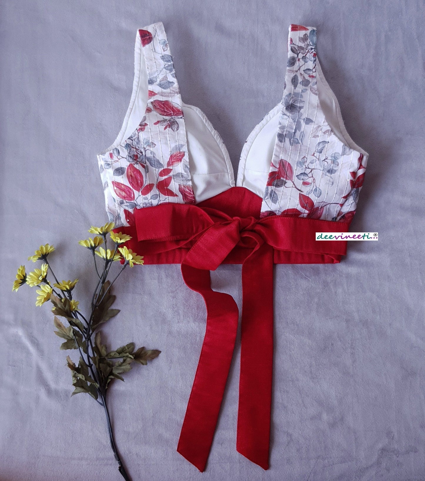 Floral Print Off White and Red Tie Blouse  DVBL_180