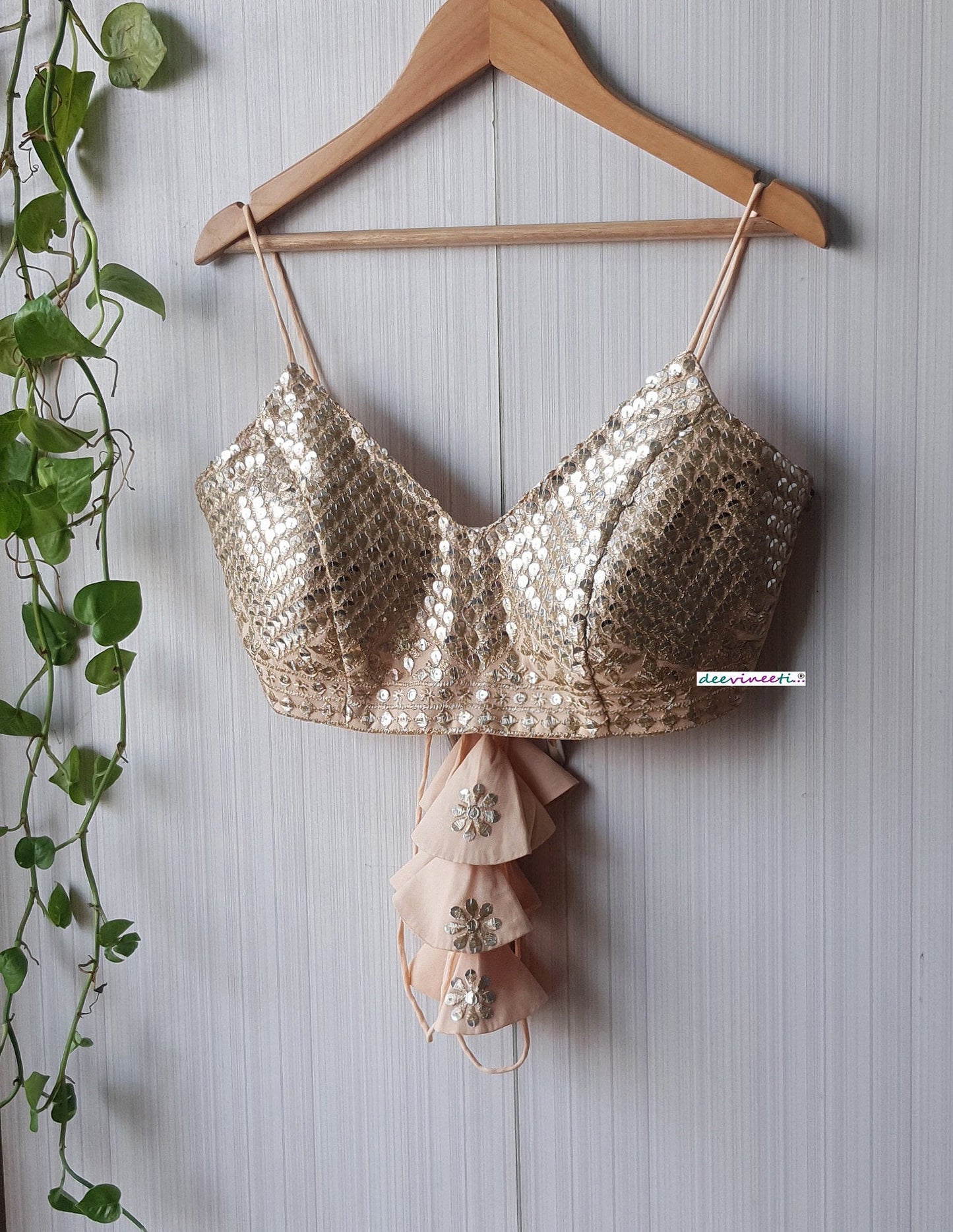 Peach and Gold Embroidered Spaghetti Blouse DVBL_284